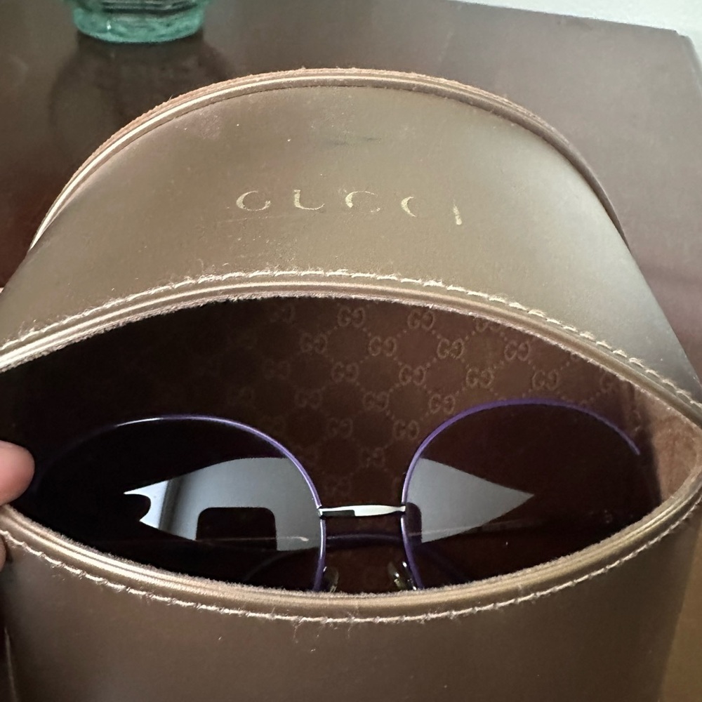 Gucci Sunglasses with Tan Case and Purple Accents